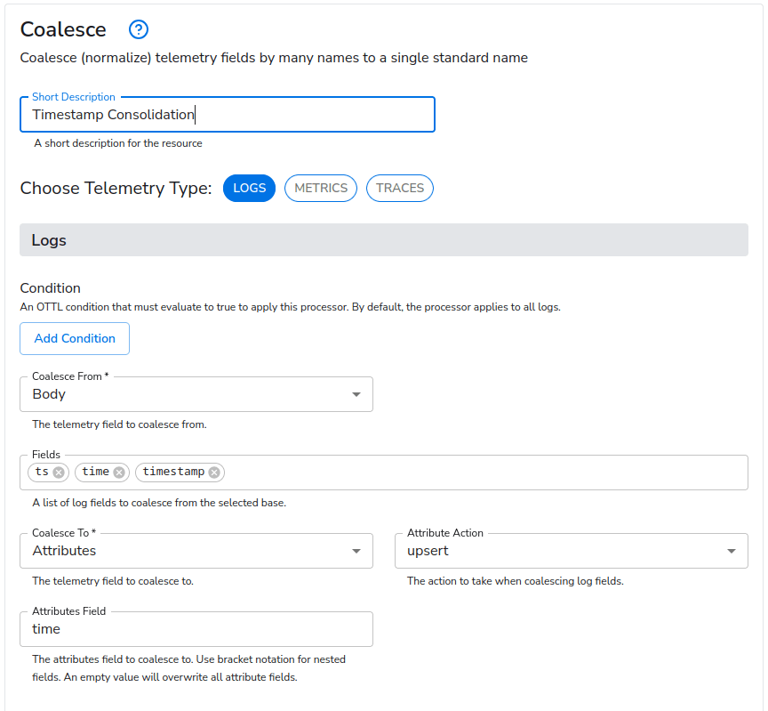 observIQ docs - Coalesce Field - Timestamps