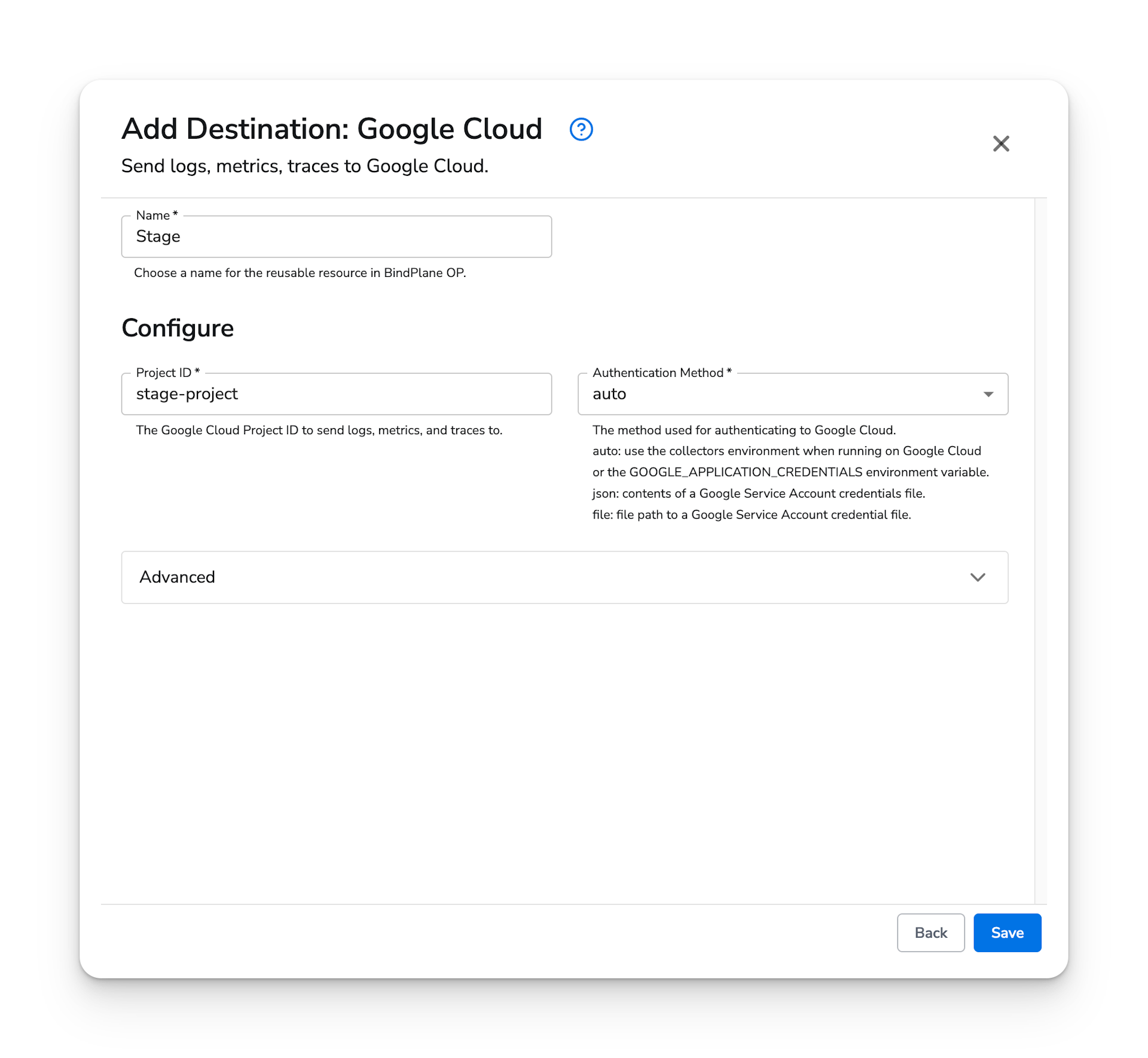 google cloud destination configuration