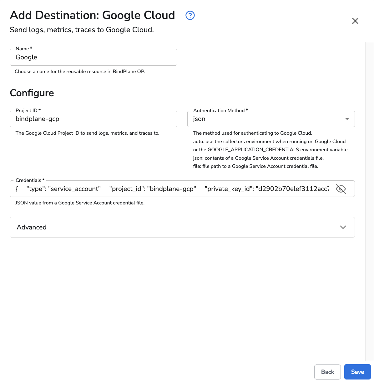 observIQ docs - Google Cloud - json configuration